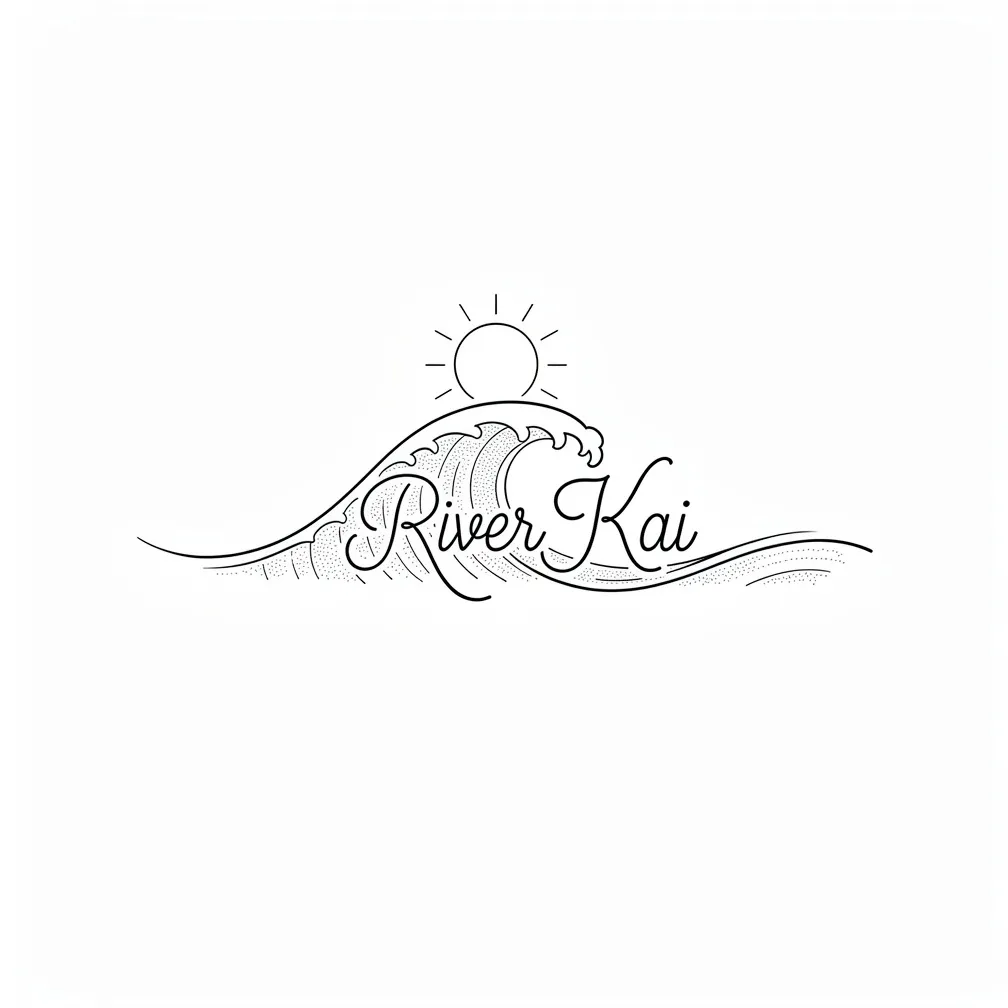Un sol minimalista de traç fi sobre onades suaus, amb els contorns de les onades formant subtilment les paraules «River Kai».