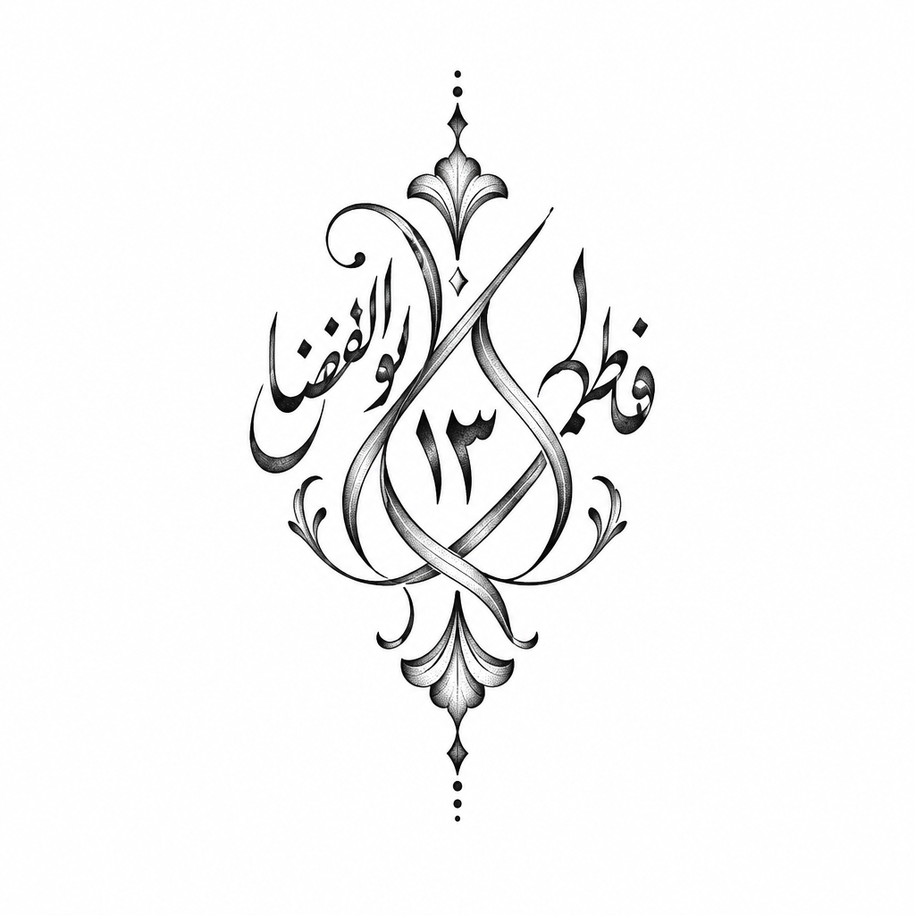 A small lettering tattoo combining the names Fatemeh and Abolfazl with the number 13 as a matching couple design.