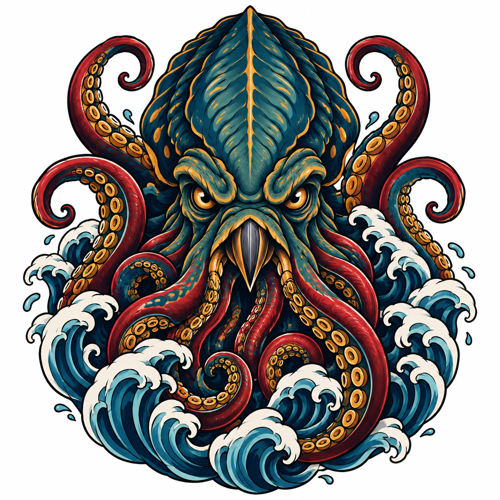 A neo-traditional kraken with sprawling tentacles and bold, dramatic details rising from the sea.