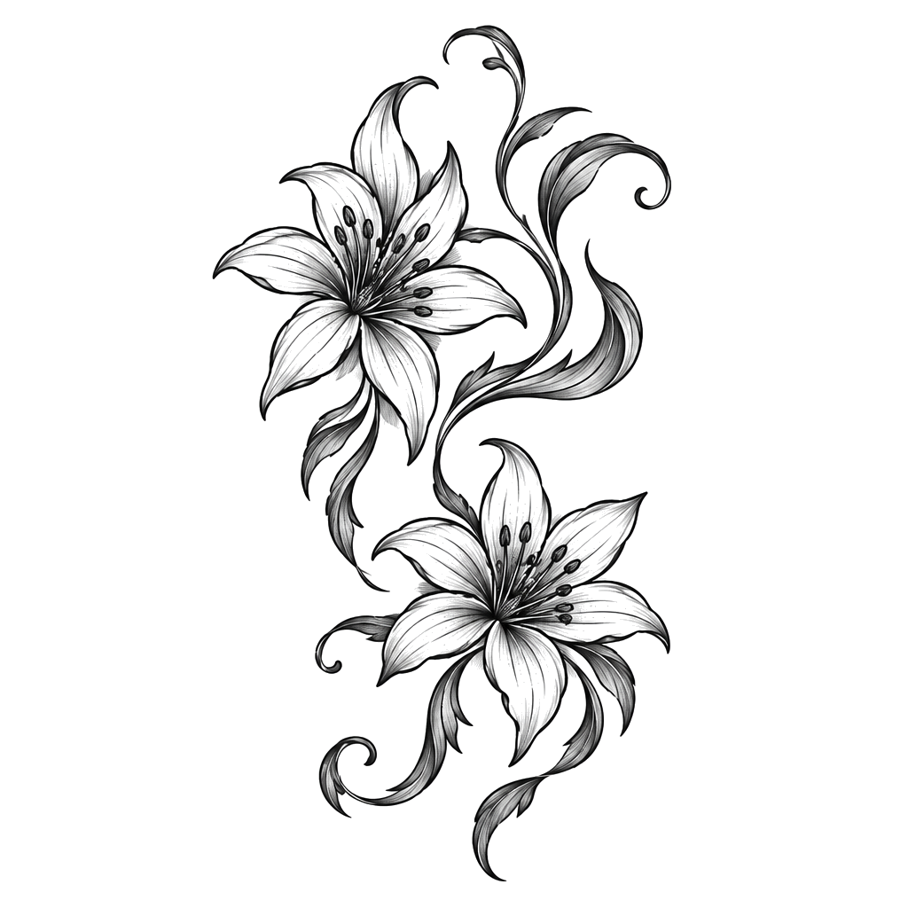 An ornamental black-and-grey tattoo of two open flowers arranged diagonally with curling stems, leaves, and detailed centers.