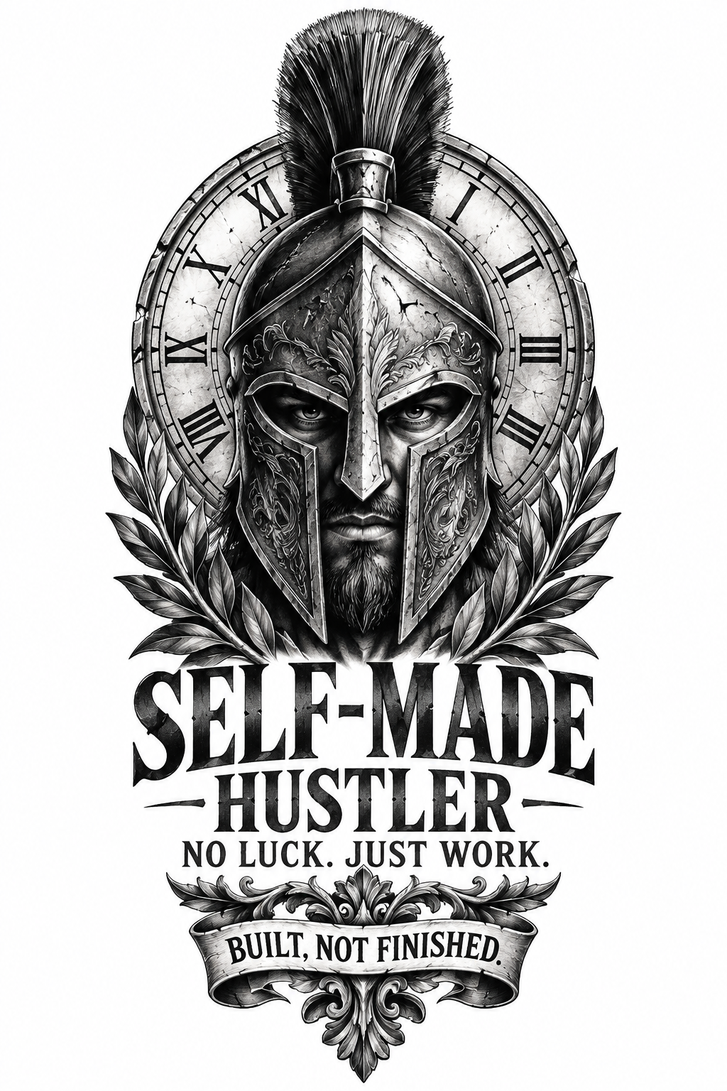 A black-and-grey realistic inner forearm tattoo featuring a Spartan helmet centered over a partially visible Roman numeral clock with bold readable lettering.