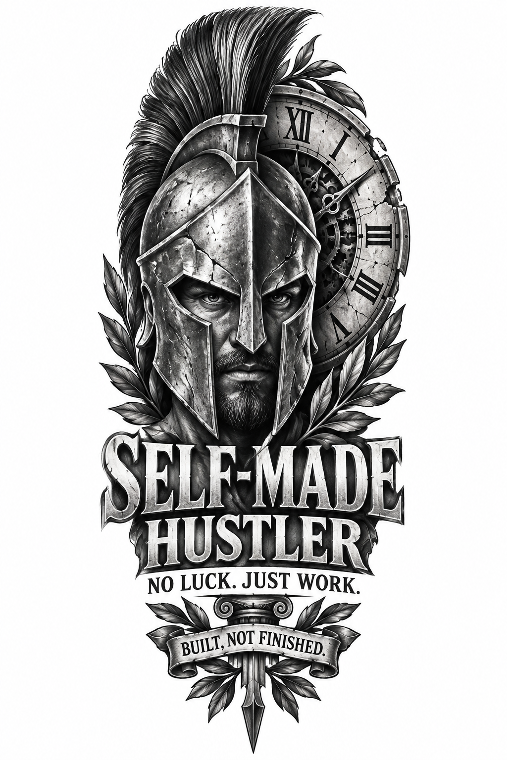 A realistic black-and-grey inner forearm tattoo featuring a Spartan helmet beside a partially visible aged Roman numeral clock with bold stacked lettering.