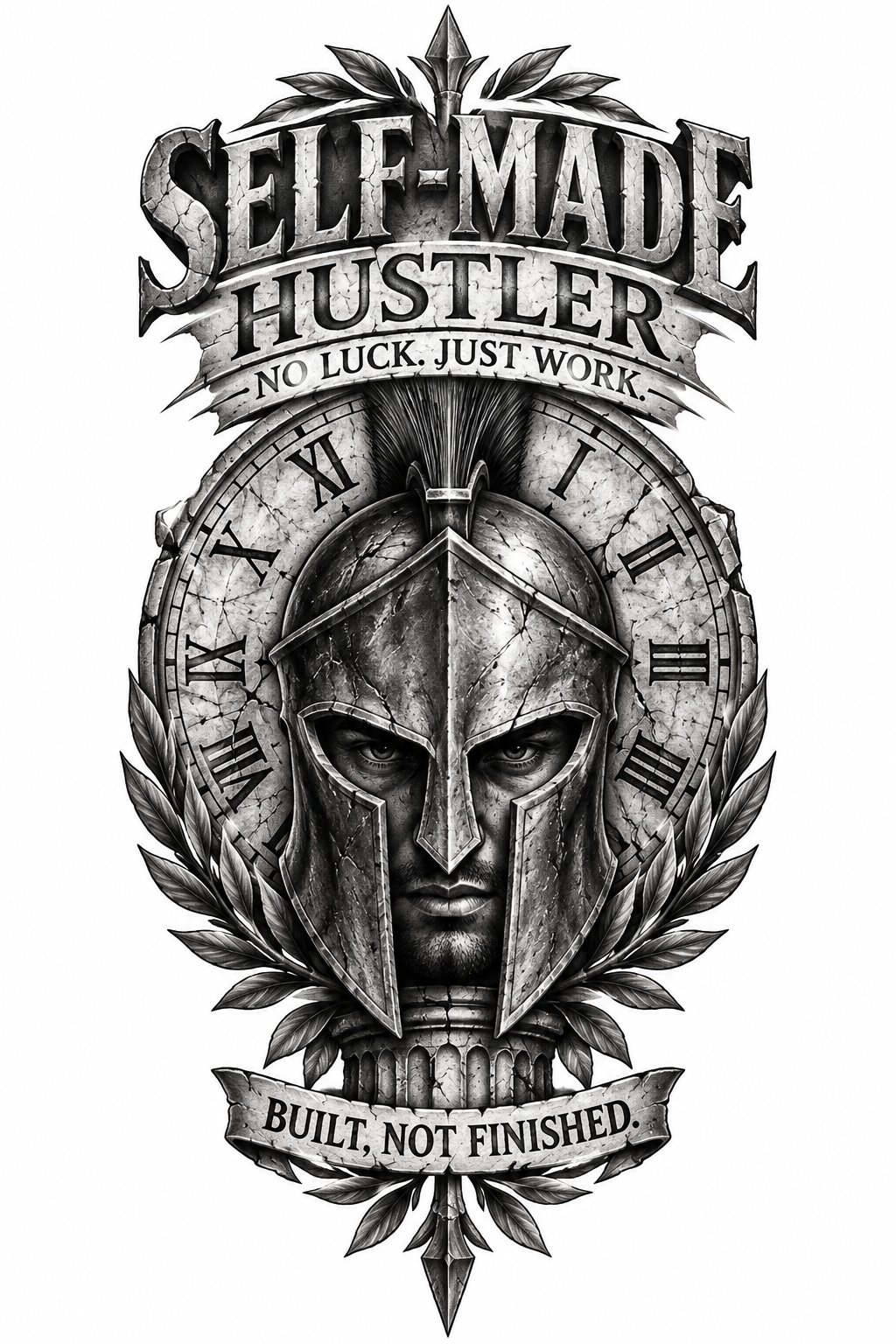 A realistic black and grey inner forearm tattoo featuring a Spartan helmet in front of a Roman numeral clock with bold motivational lettering.