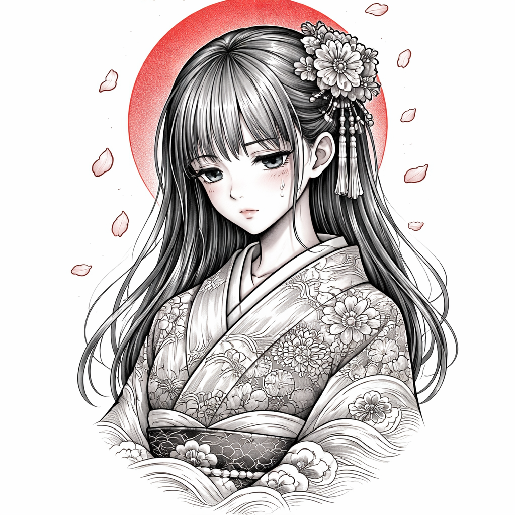 Anime-style portrait of a melancholic girl wearing a traditional kimono with sakura petals, wave motifs, and a kanzashi hair ornament, in muted colors