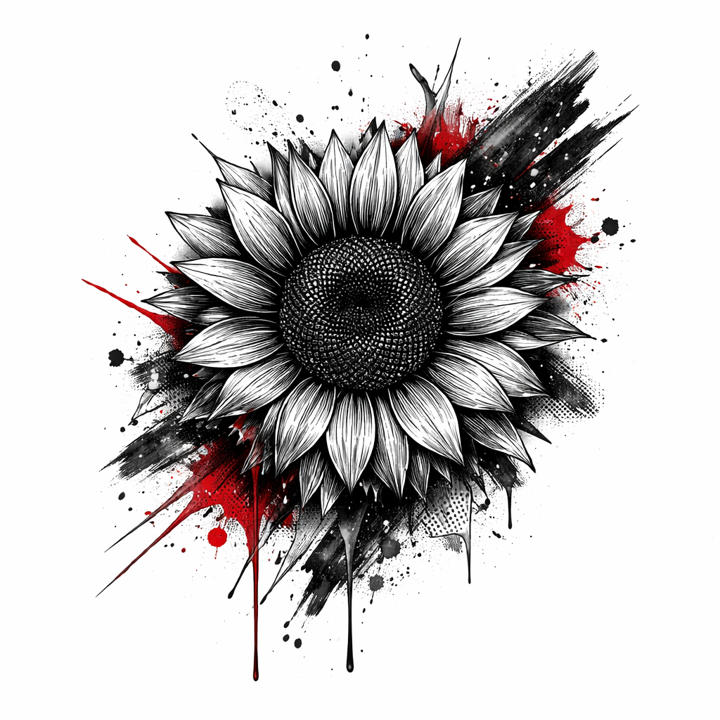 A trash-polka sunflower with bold black brushstrokes, red splashes and torn textures, showing partially decayed petals for a moody edge.