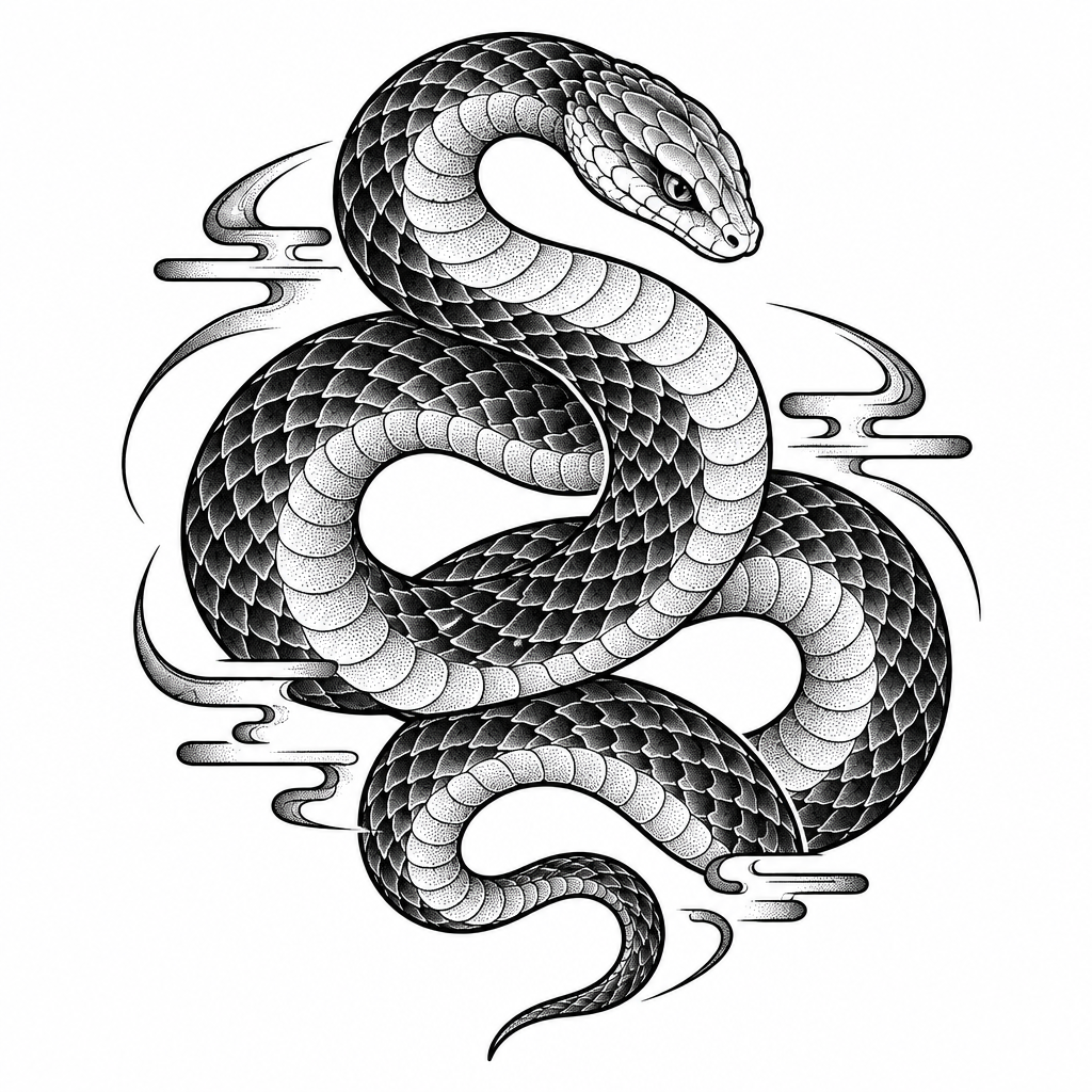 A blackwork snake coiled around a hand with bold, flowing lines and a striking serpentine shape.