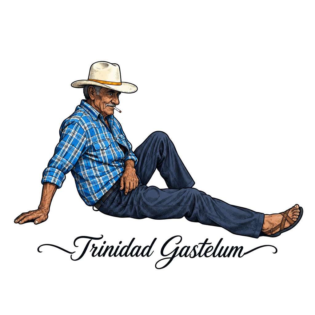 A fine-line side-profile tattoo of a seated man in a hat and plaid shirt with the name Trinidad Gastelum below and subtle color accents on clothing, eyes, and cigarette.
