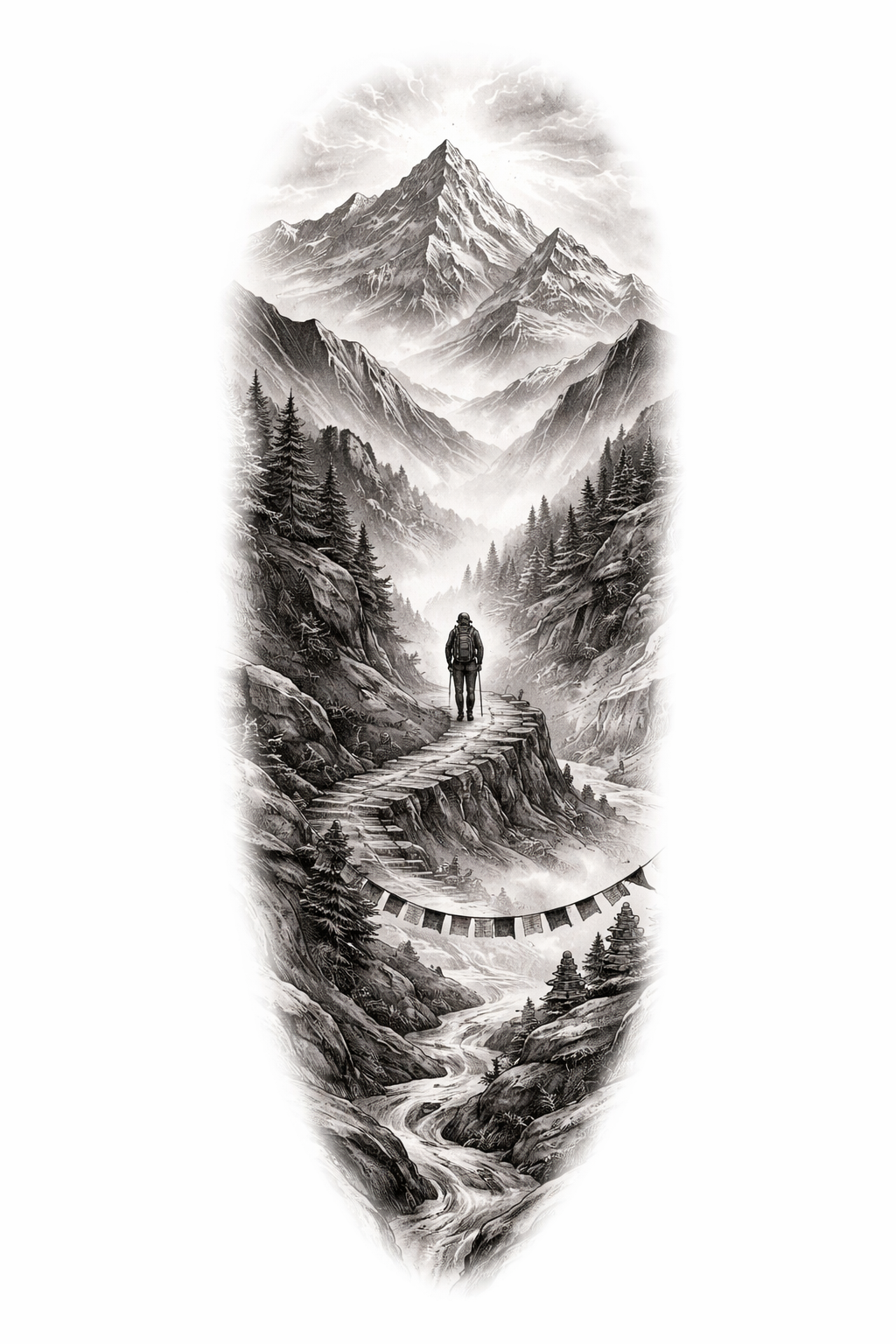 ’n Moderne swart-en-grys illustratiewe beenstuk wat ’n eensame wandelende pelgrim op ’n kronkelende bergpad met rotsagtige pieke en uitstraal ligstrale toon, met vloeiende lyne en velbreuke.
