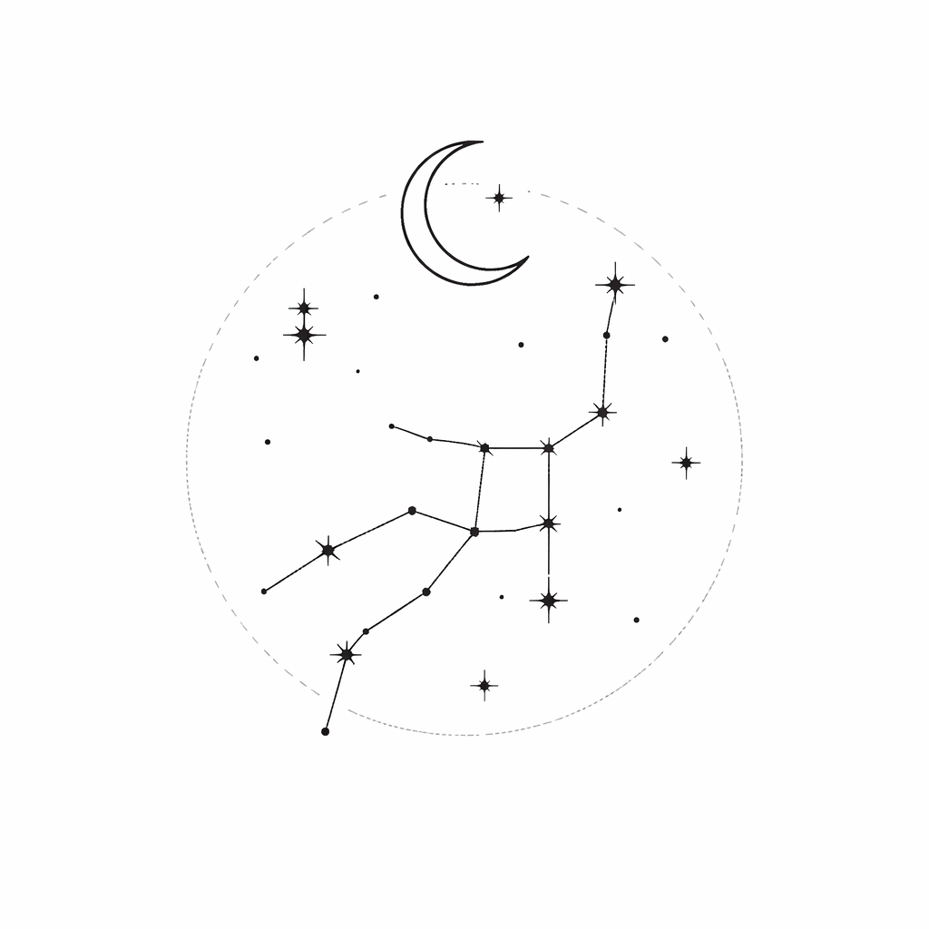 Lluna minimalista d’un sol traç, amb estrelles disperses i la constel·lació de Verge disposades en un tatuatge tranquil de temàtica nocturna