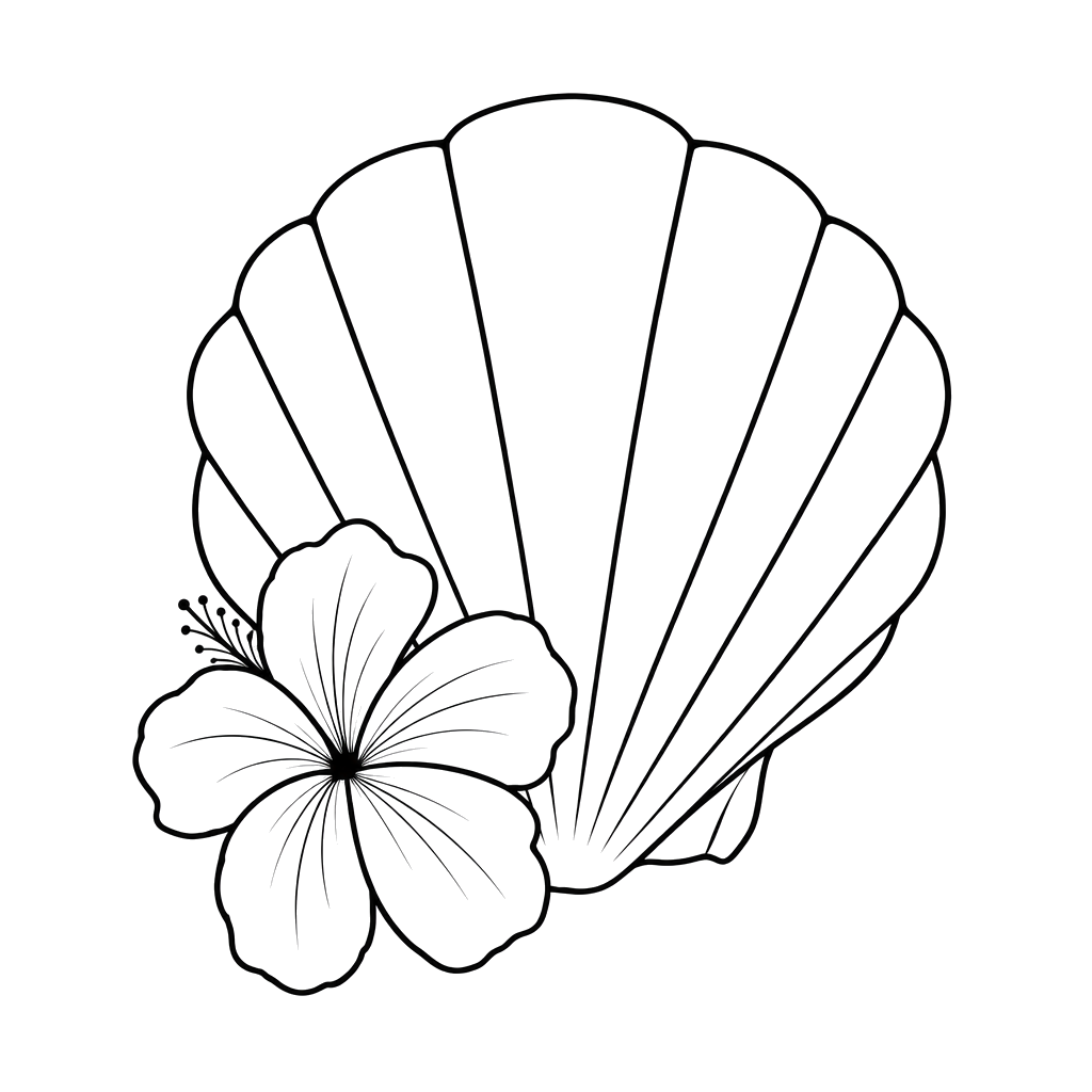 A minimalist line-art scallop shell with a hibiscus flower overlapping its lower left edge on a white background.