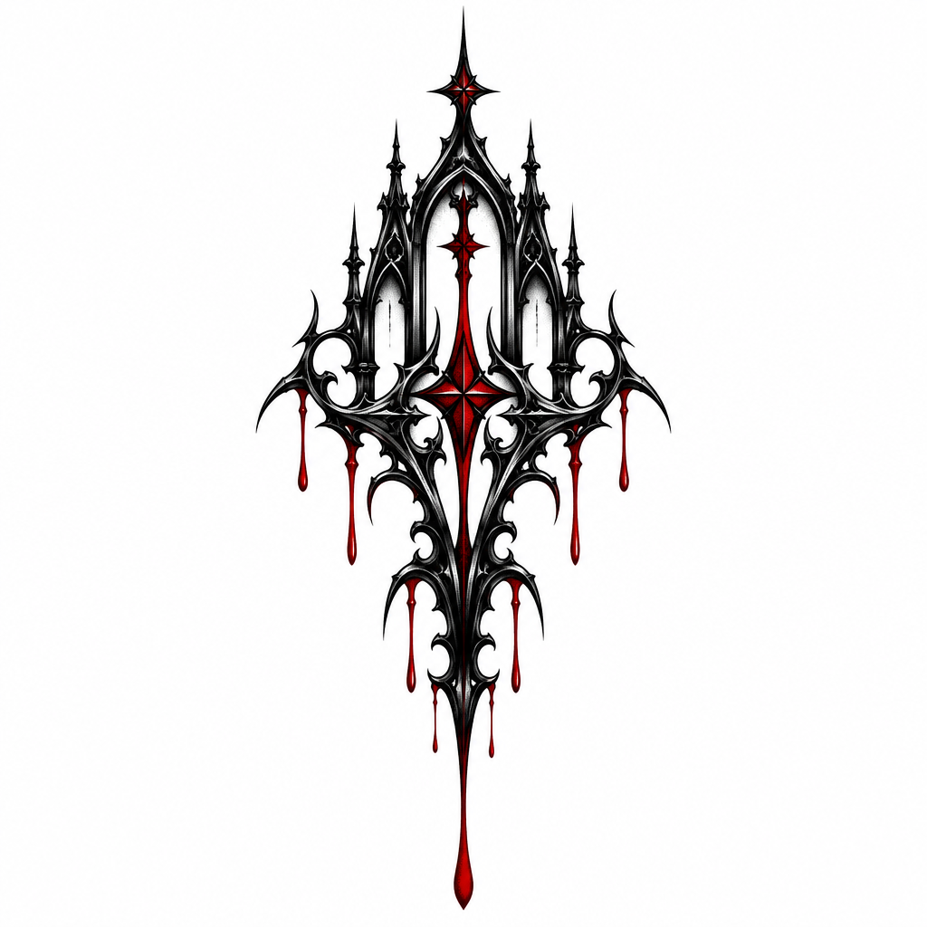A gothic-inspired blackwork tattoo with dripping shadowy forms and sharp ornamental details.