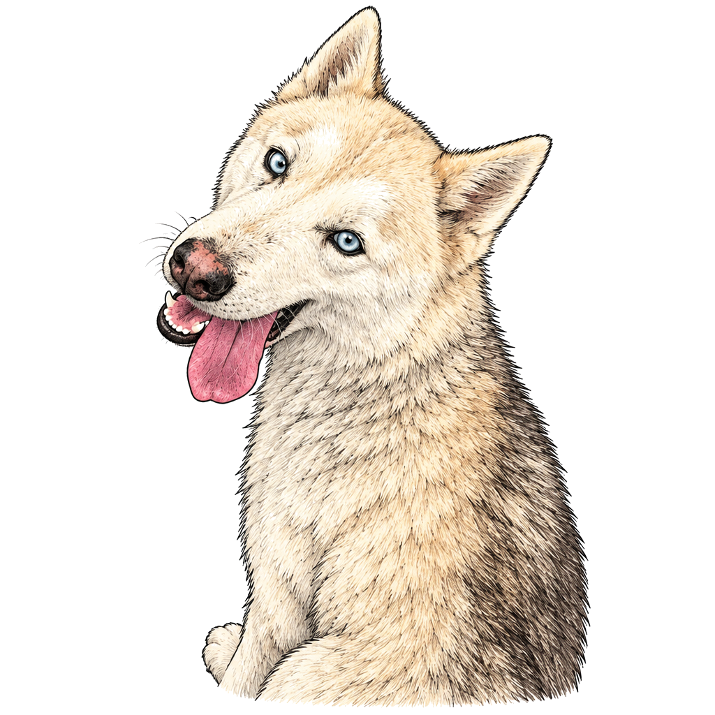 A realism tattoo of a pale husky with blue eyes, upright ears, and tongue out, shown sitting and facing slightly left on a white background.