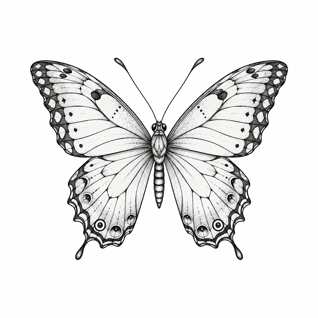 An illustrative tattoo design of butterflies in graceful motion with delicate wing details.